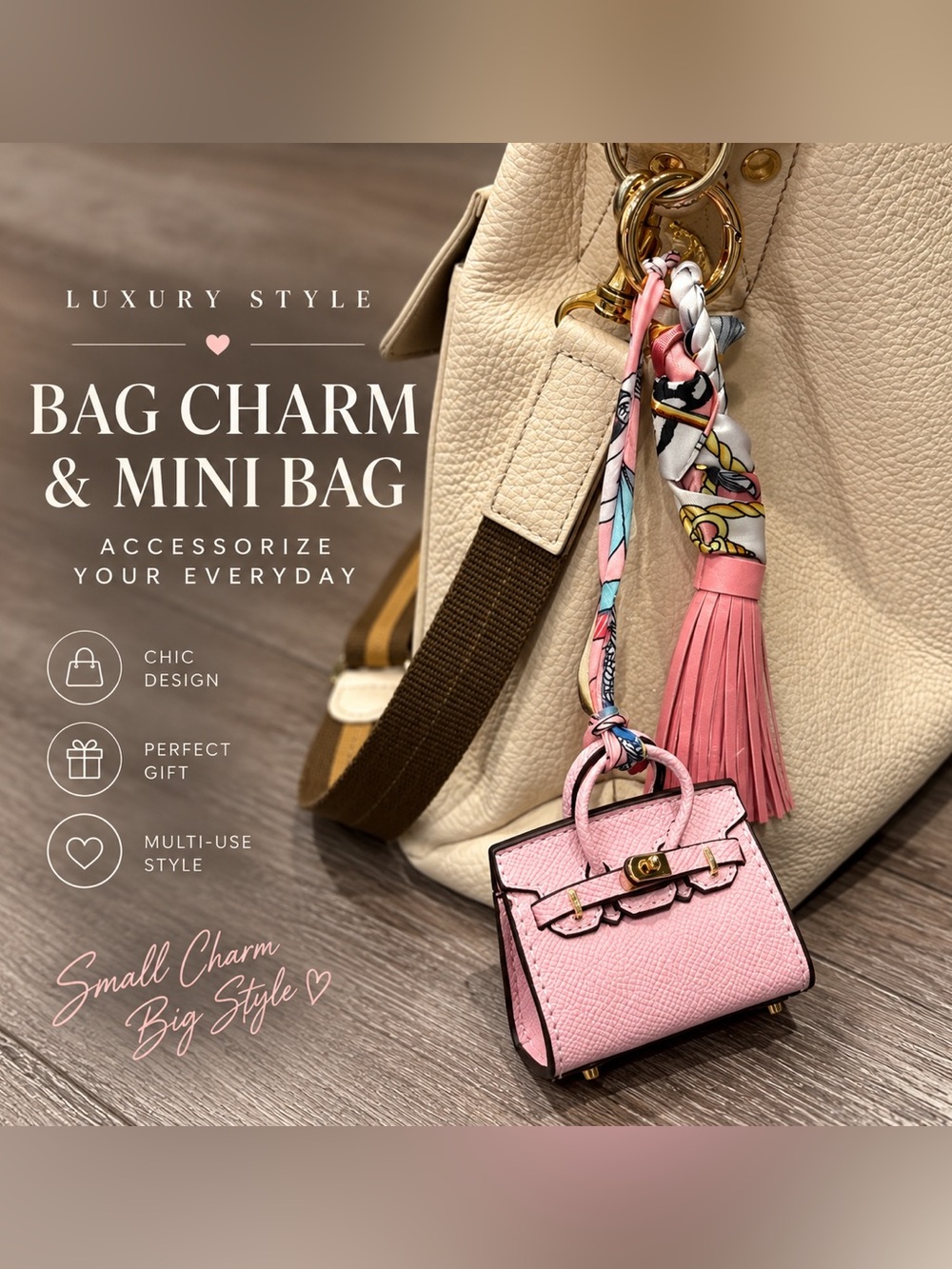 Mini Top Handle Handbag Charm Keychain with Scarf & Tassel – Light Pink